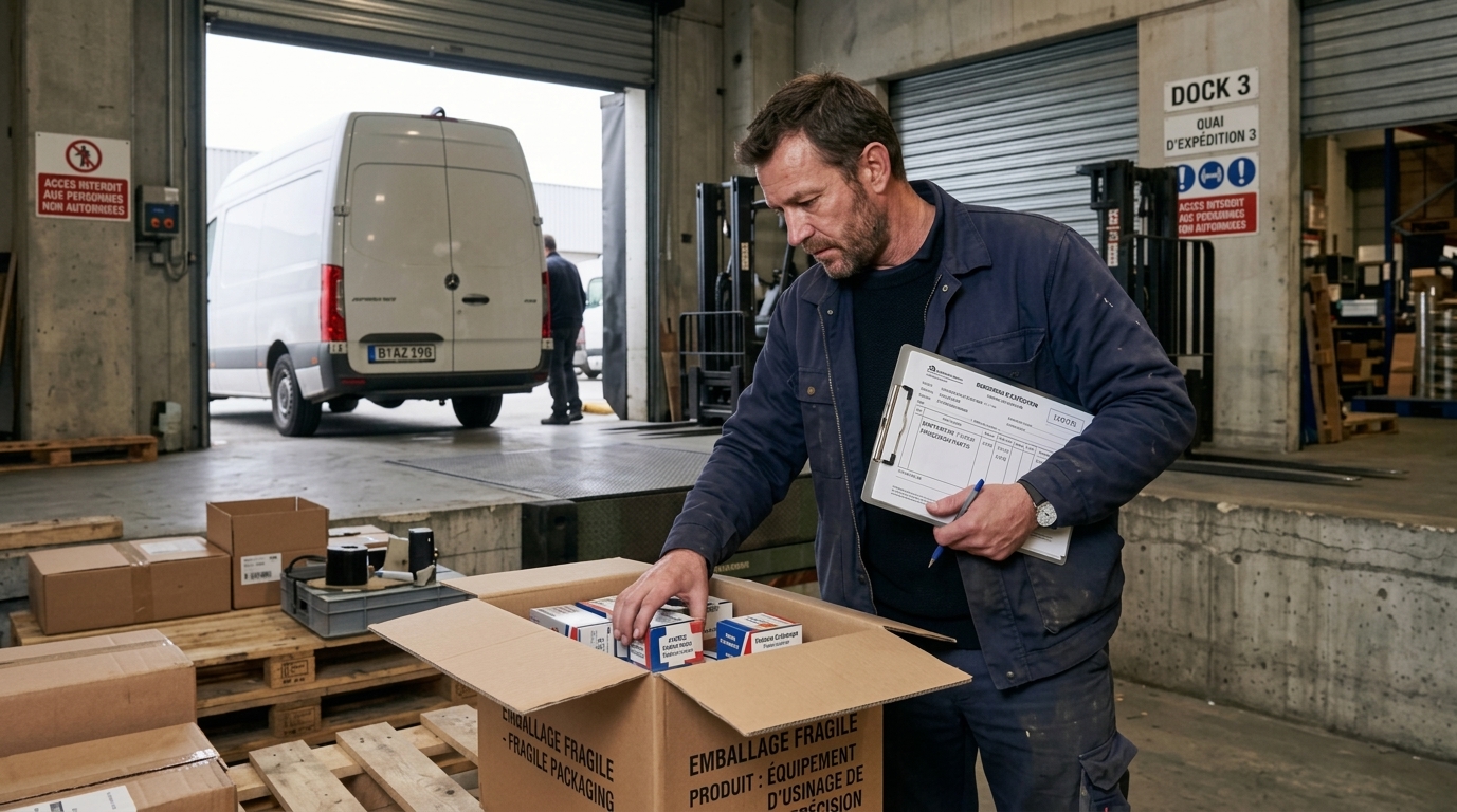 Un agent de réception contrôle une livraison de fournitures sur un quai de chargement en tenant un bon de contrôle.
