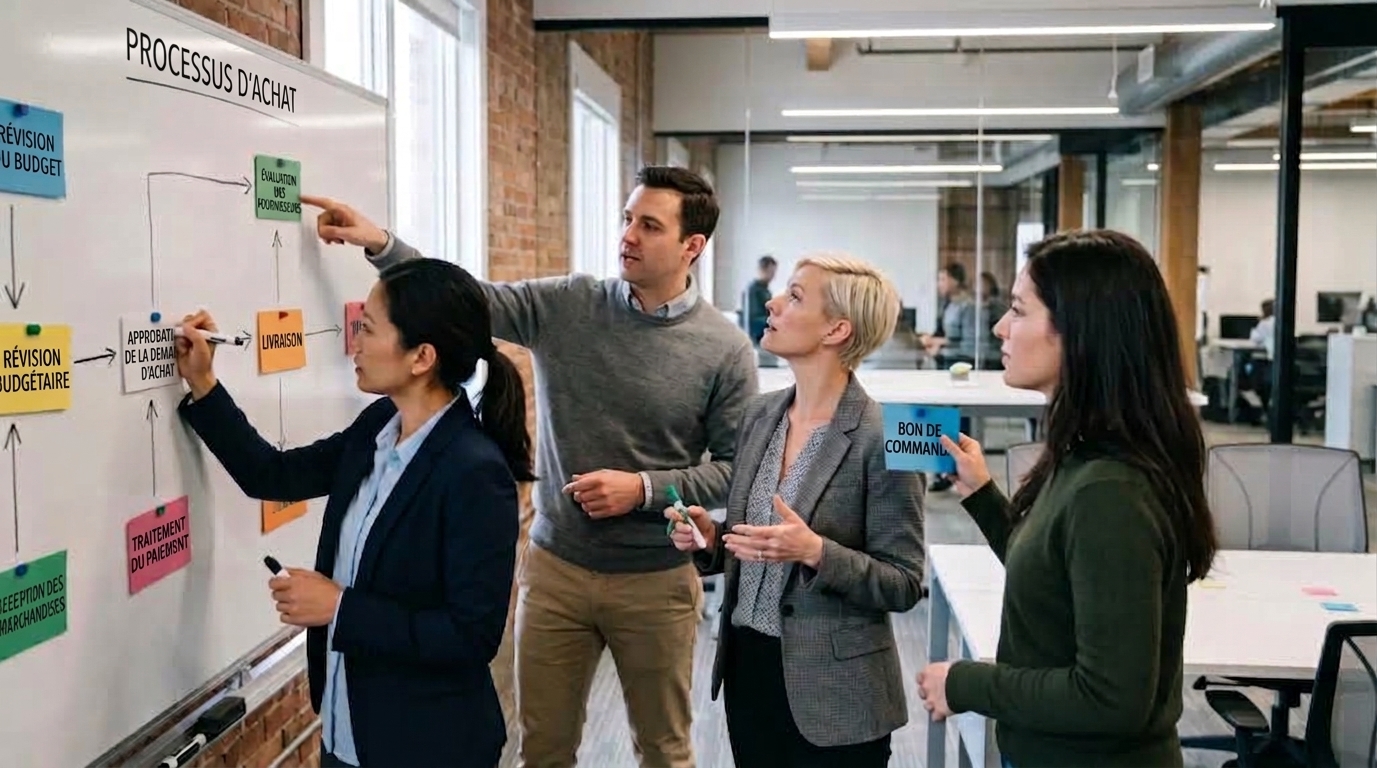 Une équipe pluridisciplinaire construit ensemble un processus d'achat sur un tableau blanc lors d'un atelier de travail.