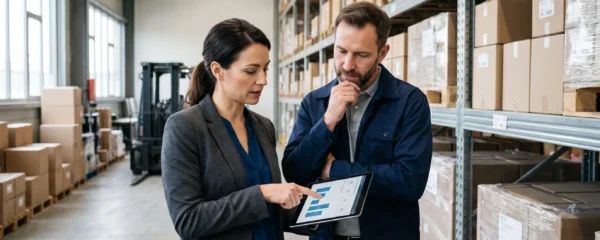 Un responsable achats et un responsable des opérations examinent ensemble une tablette dans une zone de stockage de fournitures d'entreprise.
