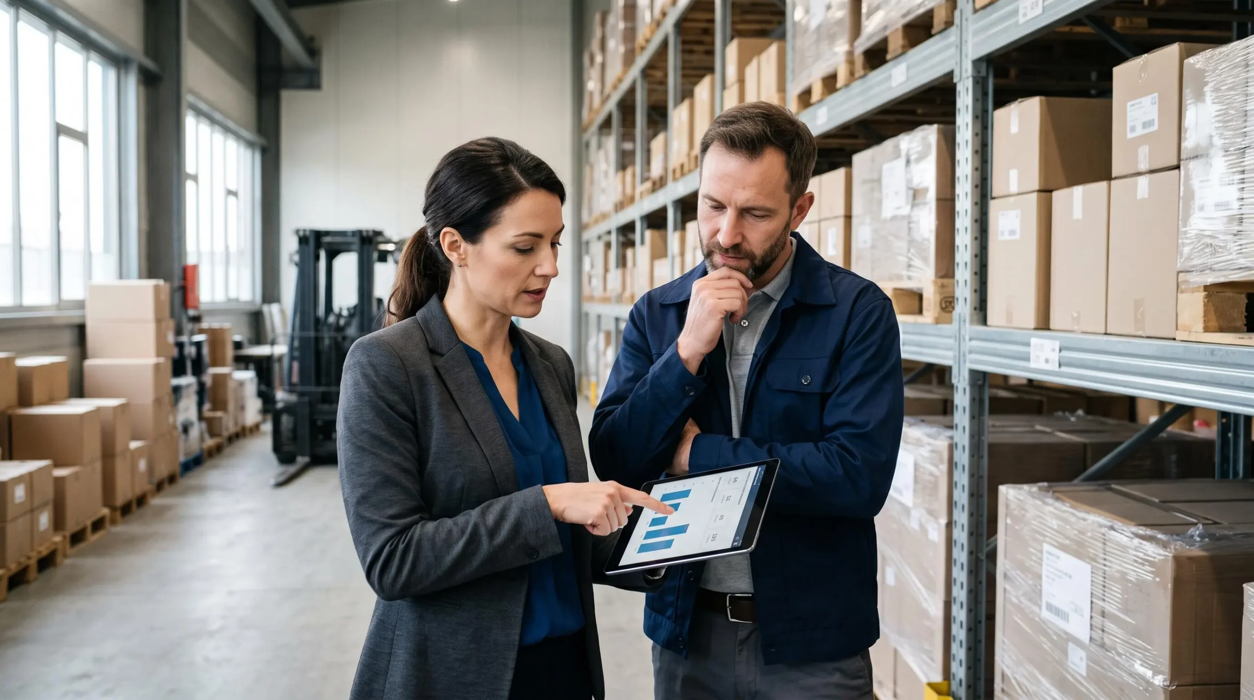 Un responsable achats et un responsable des opérations examinent ensemble une tablette dans une zone de stockage de fournitures d'entreprise.
